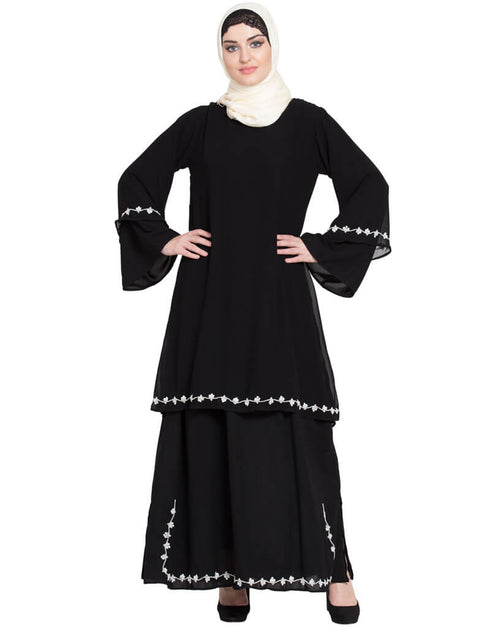 Chic Double Layer Bell Sleeve hand embroidered Abaya Black Women Online shopping USA